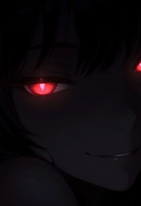 solo, seductive smile, portrait, close-up, dark, dark theme, glowing eyes, masterpiece, best quality
