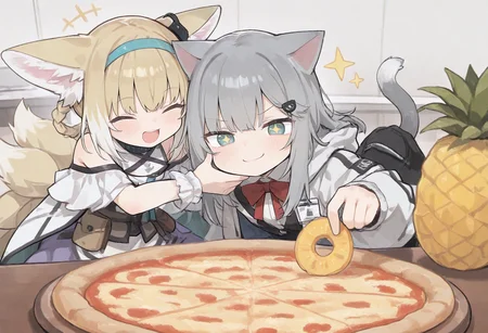 2girls, suzuran (arknights),smile, happy, ^_^, nachoneko, +_+, sparkling eyes, how_to_torture_an_italian_(meme), pizza, pineapple slice, pineapple on pizza, 
(zankuro:0.2), wagashi \(dagashiya\), chen bin, very awa, very aesthetic, masterpiece, best quality, amazing quality, absurdres  <lora:ponyv6_noobV1_2_adamW:0.5> <lora:n_XLNBVP1lokrV6311P:0.2> <lora:748cmXLNBVP1lokrV6311PZ:0.2> <lora:ricotte2:0.2> <lora:how_to_torture_an_italian_meme:0.9>