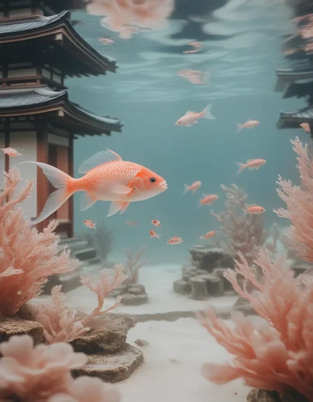 <lora:101_novuschroma_1:1> japanese temples underwater scene with fish novuschroma style