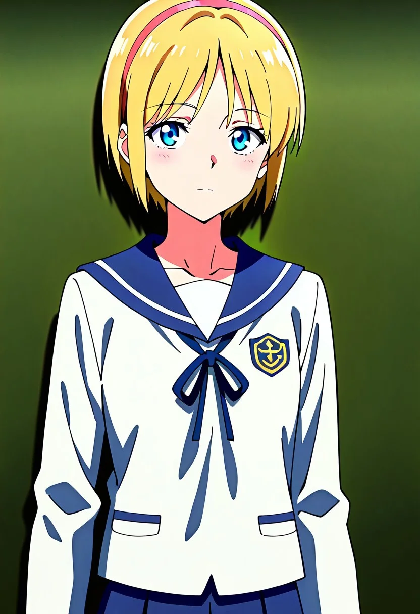 source_anime, masterpiece, best quality, amazing quality, very aesthetic, absurdres, IllustriousQual, anime coloring, traditional media <lora:Sherry_Birkin_RE2_Classic_Illustrious:1>sherry-birkin, 1girl, solo, short hair, sailor collar, blonde hair, blue eyes, serafuku