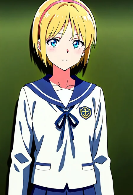 source_anime, masterpiece, best quality, amazing quality, very aesthetic, absurdres, IllustriousQual, anime coloring, traditional media <lora:Sherry_Birkin_RE2_Classic_Illustrious:1>sherry-birkin, 1girl, solo, short hair, sailor collar, blonde hair, blue eyes, serafuku