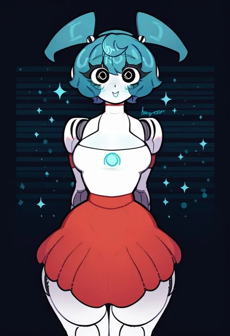 score_7_up, score_6_up, cartoon_source, 1girl, curvy, looking at viewer, detailed background, cowboy shot, v, very happy, from above, lab, wide shot, cute pose,
<lora:xjo9_character:1> xjo9OC, colored skin, white skin, robot joints, android, twintails, blue hair, black eyes, medium breasts, thick thighs, narrow waist, skirt,
