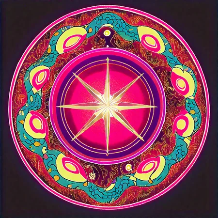 score_9, score_8_up, score_7_up, colored Mandala style, medium stylized pattern, (deep_purple base, black, red, and gold details), (glowing_golden_elements:1.2), Seviper, serpentine, vertical_figure_eight_pattern, intricate_design, symmetrical, traditional_mandala, luminous, mystical, highly_detailed, geometric_patterns, harmonious_composition, masterpiece, balanced, artistic, reverence, best quality, absurdres, highly detailed,