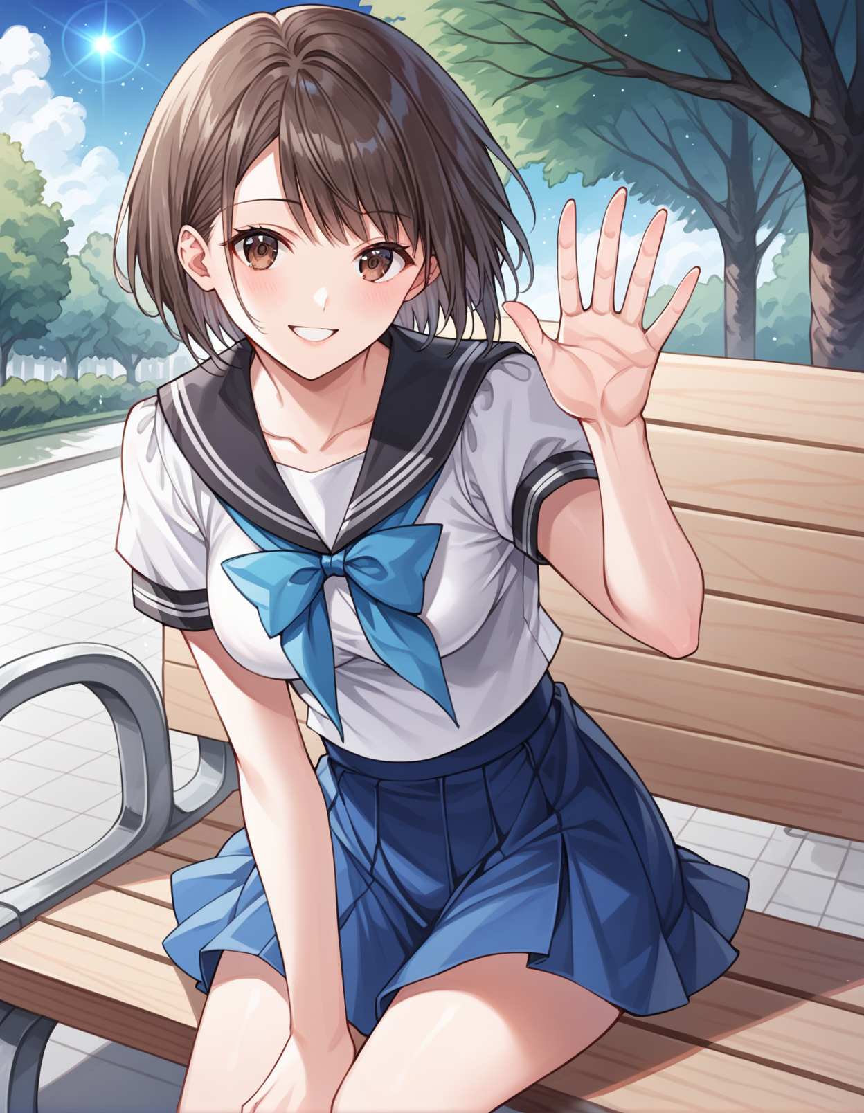 score_9, score_8_up, score_7_up, source_anime, rating_safe, BREAK <lora:hinakoShiraiXL_LoRA-C3Lier_AdamW_Dim8_Alpha8_UN-3e-4_TE-1.5e-4_10batch_ponyDiffusionV6XL_v6StartWithThisOne:1>, shirai hinako, 1girl, short hair, black hair, brown eyes, medium breasts, serafuku, black sailor collar, blue ribbon, white shirt, buttons, short sleeves, blue skirt, plaid skirt, pleated skirt, light smile, looking at viewer, facing viewer, sitting, waving, flower, tree,park bench, park, blue sky, lens flare, sunlight,