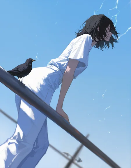 masterpiece, best quality, absurdres, <lora:69yottea_illu_v2:1>,69yotte4_illu,1boy, black_hair, medium_hair, white_shirt, white_pants, leaning_forward, electricity_pole, perched, black_birds, crows, flock_of_birds, blue_sky, daytime, outdoor, dynamic_angle, melancholic, detailed_feathers, flying_birds, messy_hair, dramatic_composition, subtle_wind_effect, minimal_background