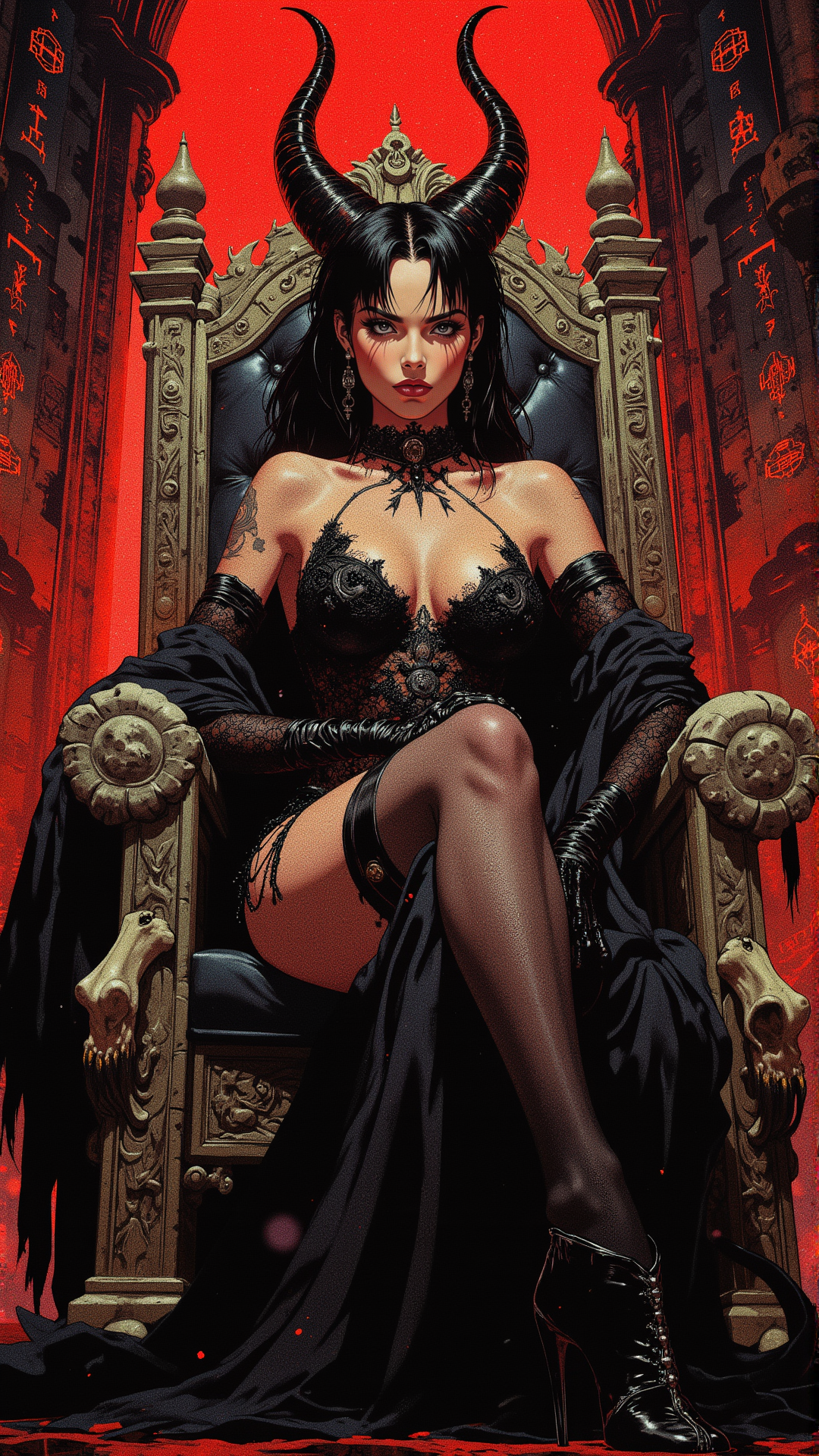 <lora:ObscuraDream:0.7>
voluptuous succubus queen, silver eyes, dark horns, ornate black lace lingerie, flowing cape, seated on a bone throne, glowing sigils on stone walls, red ambient light, detailed gothic architecture, seductive expression, dark fantasy, ultra detail, high contrast lighting
