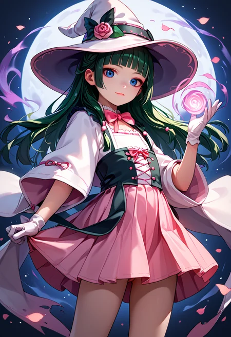 (zPDXL3),
Maomao, 1girl, solo, blue eyes, hair accessory, dark green hair, blunt bangs, aloof,
<lora:PinkWitch-000003:0.8> reij-pnkwtch, hat, short pink skirt, pinup, magic, witch,
<lora:MaoMaoXL:0.9>