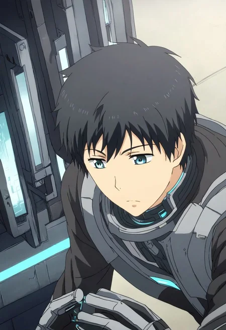 high resolution, solo, best quality, 1Boy, Arata Kaizaki, Black Hair, Blue Eyes, Science Fiction, OverallDetail