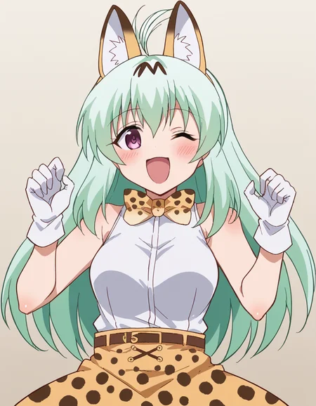 score_9, score_8_up, score_7_up, source_anime, <lora:run-elsie-jewelria-darkness-ponyxl-lora-nochekaiser:1>, run elsie jewelria, long hair, purple eyes, green hair, antenna hair, ahoge, hair between eyes, medium breasts, <lora:serval-cosplay-ponyxl-lora-nochekaiser:1>, serval cosplay, serval (kemono friends) (cosplay), serval print, print bowtie, print bow, two-tone bowtie, orange bowtie, two-tone bow, print skirt, white bowtie, orange bow, animal ears, belt, cat ears, fake animal ears, gloves, leopard print, yellow skirt, white shirt, sleeveless, sleeveless shirt,, savannah, open mouth, blush, smile, one eye closed,, cowboy shot, looking at viewer,, , dutch angle, cowboy shot
