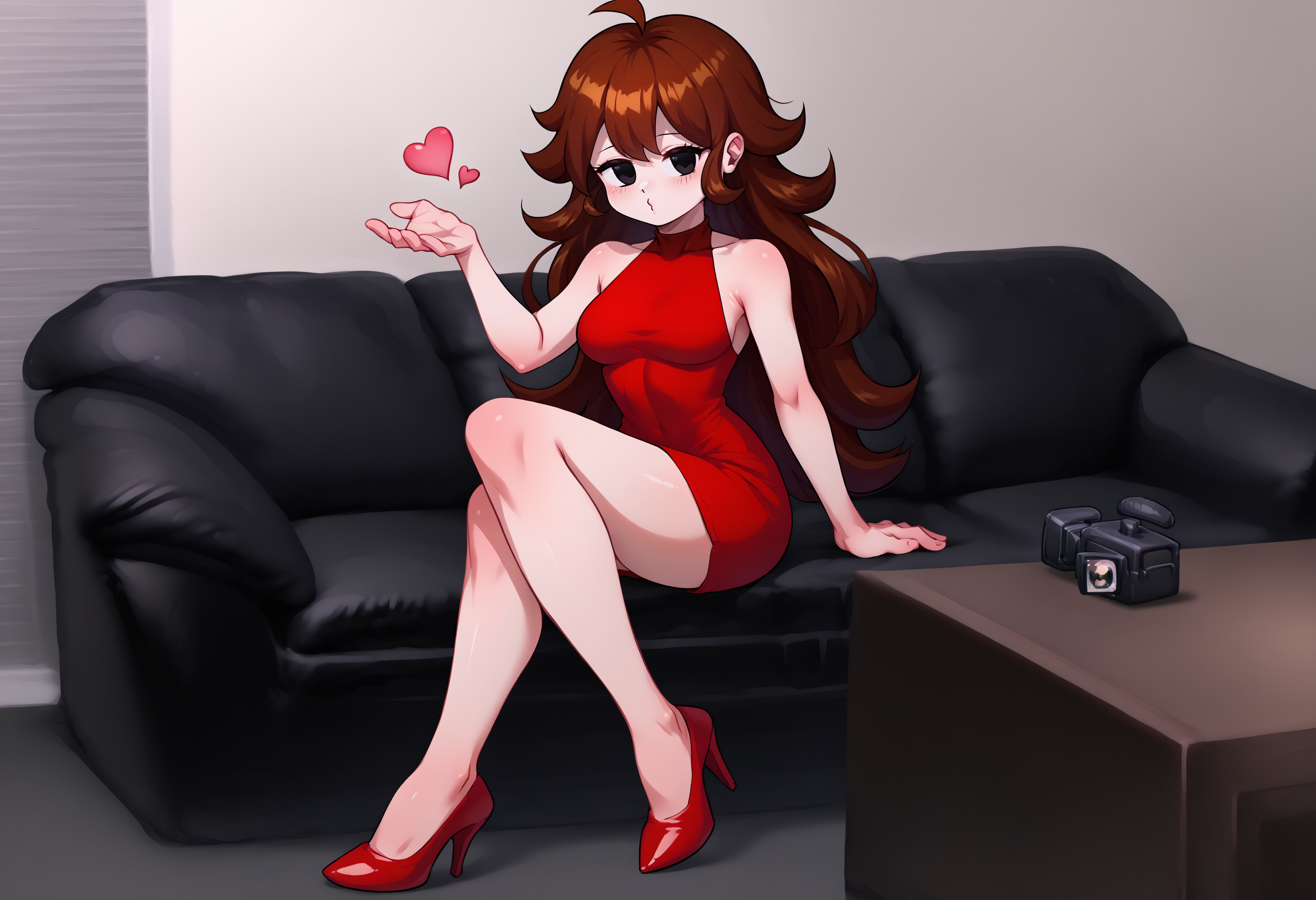 score_9, score_8_up, score_7_up, source_anime, 1boy, casting couch, couch, <lora:CastingCouch_XLPD:0.85>, sitting,  <lora:FrierenBlowingKissMeme_XLPD:1> IncrsBlowingKiss, heart, blowing kiss <lora:GirlfriendXLPDLoCon:0.8> girlfriend \(friday night funkin'\), red dress, sleeveless dress, short dress, bare shoulders, red footwear, high heels, black eyes, crossed legs, bare legs,