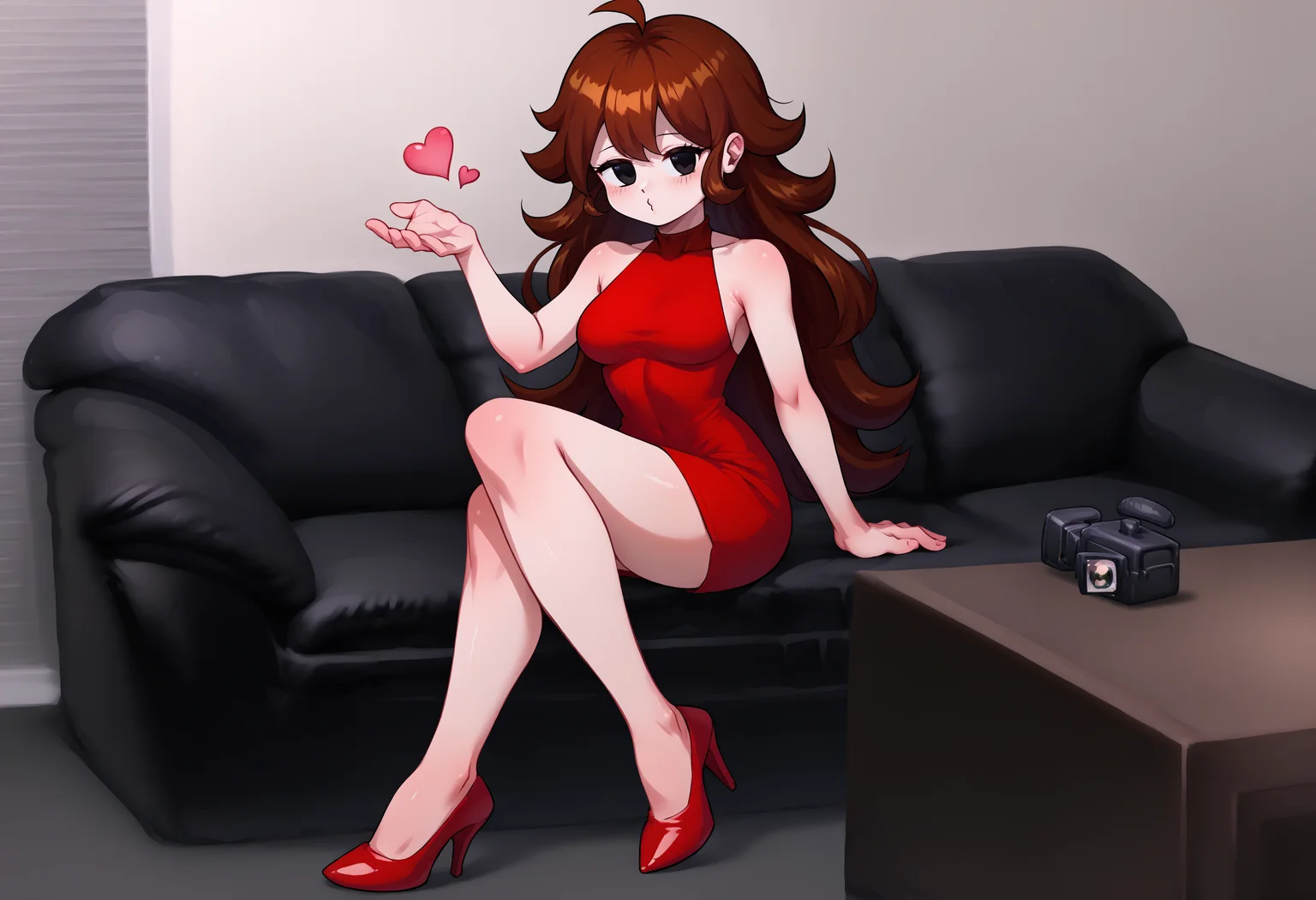 score_9, score_8_up, score_7_up, source_anime, 1boy, casting couch, couch, <lora:CastingCouch_XLPD:0.85>, sitting, <lora:FrierenBlowingKissMeme_XLPD:1> IncrsBlowingKiss, heart, blowing kiss <lora:GirlfriendXLPDLoCon:0.8> girlfriend \(friday night funkin'\), red dress, sleeveless dress, short dress, bare shoulders, red footwear, high heels, black eyes, crossed legs, bare legs,