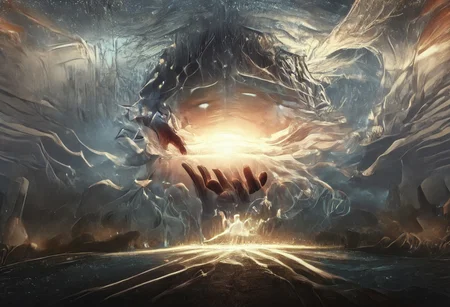 score_9, score_8_up, score_7_up, score_6_up, score_5_up, score_4_up, <lora:Starry_Morph_PonyXL:1> starry_morph, giant monster,giant god, fighting,cinematic film still of painting of (a beautiful jedi) movement, dynamic pose, elegant, (perfect detailed face, perfect detailed body, perfect detailed eyes:1.5), frowning eyebrows, rimlighting, uncluttered background, epic atmosphere, realistic face, detailed mouth, detailed face, beautiful detailed eyes, , perfect body, color HD photo, 85mm, (full body, high quality photo, masterpiece), HDR, 8K resolution, analogue RAW DSLR, best quality, , vivid vibrant colors, intricate detail, realistic human hands, , street lamp, glow, (masterpiece) striking ground, wild field, dramatic lighting, otherworldly, best quality, oil painting, gloomy, fog, (epic art, , wind, action:1.5), darkness, total freedom, breath, , large wild spaces, dynamic, cinematic shot, (back lighting:1.4), (rim lighting:1.4) (wet ground, holding black holereflexions:1.3) (ring of fire:1.4) (arc of fire:1.4) black clothes, black gloves, goya2023 style 2, ,shallow depth of field, vignette, highly detailed, high budget, bokeh, cinemascope, moody, epic, gorgeous, film grain, grainy, ArsMJStyle, art nouveau, Hiori Light Art,starry_morph, ArsMJStyle, art nouveau, Hiori Light Art, Backlight, ral-exposure, reinbh, black hole, black hole in hand, holding black hole,