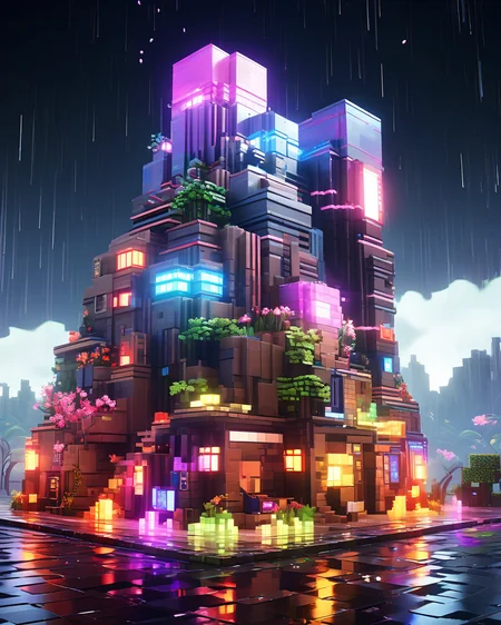 Blocky and pixelated aesthetic,pixel art,4k,realistic,game CG rendering,nature light,shadows,minecraft,<lora:minecraft:0.9>,
a cyberpunk building,night,lightning,neo light,glowing,bloom,rain,