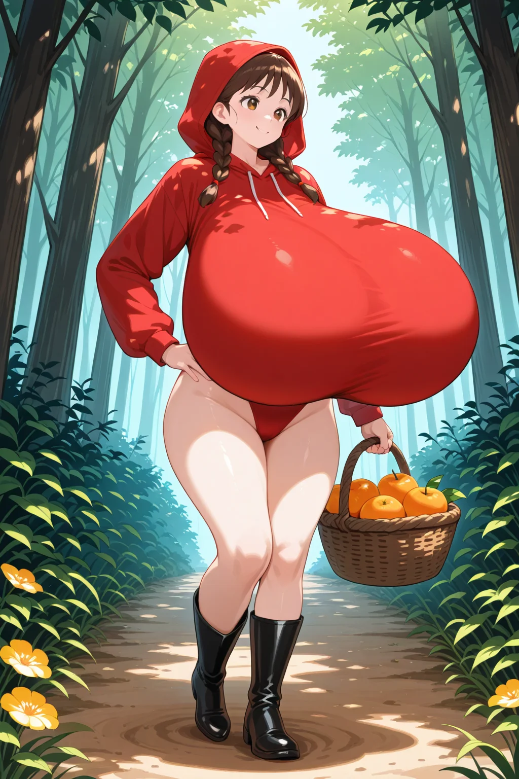 1girl, solo, hoodie leotard, <lora:Hoodie Leotard Illustrious1:0.6>, gigantic breasts, walking, twin braids, red leotard, brown hair, holding basket, fruit basket, black boots, smile, forest, dirt trail, dappled sunlight, wild flowers, hood up, hand on own hip,