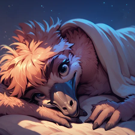 score_9, score_8_up, score_7_up, score_6_up,anthro, ostrich, lying, laying on the ground, blanket, cute, night time,<lora:Anthro_birds_for_pony_-_2:0.9>