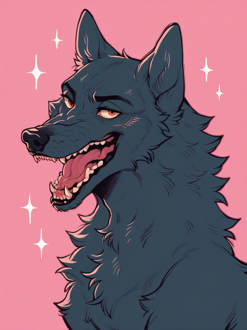 score_9, score_8_up, score_7_up, score_6_up, score_5_up, score_4_up,   <lora:h3ll1shXLP2:0.7>wolf, pink background, h3ll1sh,