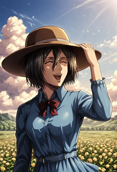1girl, solo, Mikasa Ackermann, attack on titan beautiful face, detailed eyes, detailed face, outside, windy, laughing, eyes closed, blue dress, hat, holding her hat,