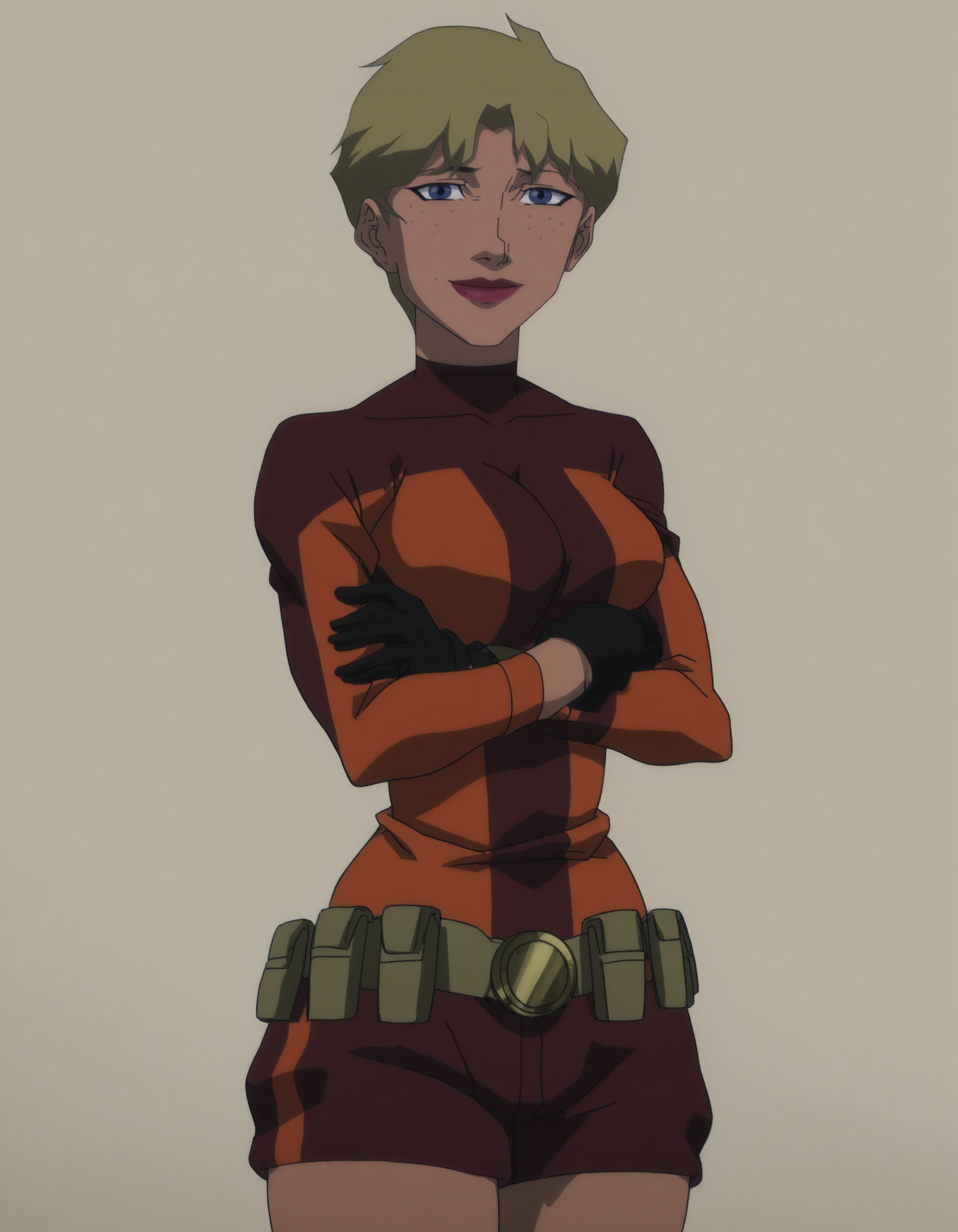 front_view, upperbody, <lora:modern_anime_screencap_v1_0:0.6> anime screencap, (highres, best quality), zPDXL, 1girl,
<lora:t3rra-000038:1> t3rra, 1girl, solo, looking at viewer, gentle smile, closed mouth, posing for photo, crossed arms,
mature female, large breasts, curvy, bodysuit, gloves, utility belt, bare thighs,
<lora:Pony_DetailV2.0:0.5>
megami monthly magazine cover, pinup, white background,