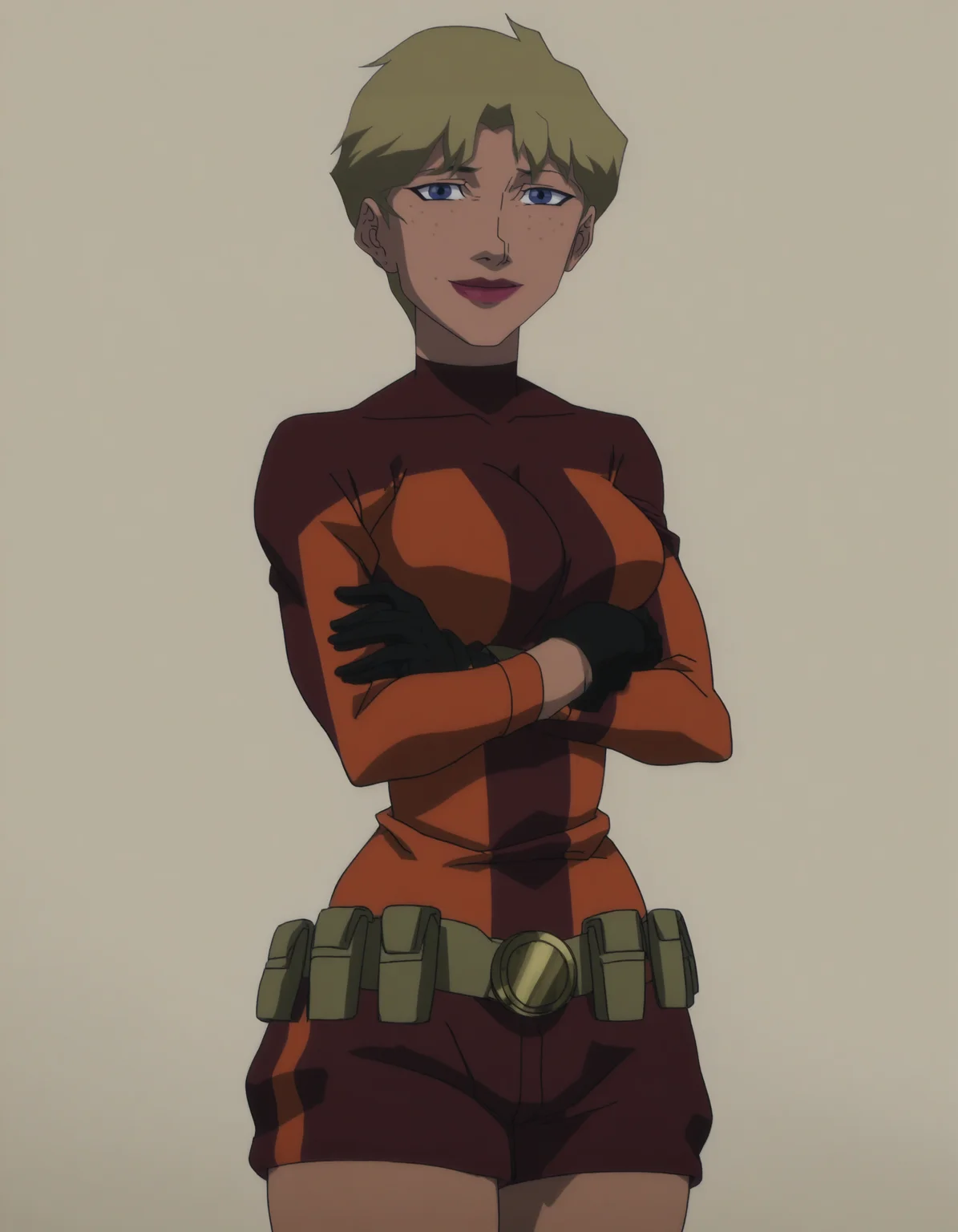 front_view, upperbody, <lora:modern_anime_screencap_v1_0:0.6> anime screencap, (highres, best quality), zPDXL, 1girl,
<lora:t3rra-000038:1> t3rra, 1girl, solo, looking at viewer, gentle smile, closed mouth, posing for photo, crossed arms,
mature female, large breasts, curvy, bodysuit, gloves, utility belt, bare thighs,
<lora:Pony_DetailV2.0:0.5>
megami monthly magazine cover, pinup, white background,