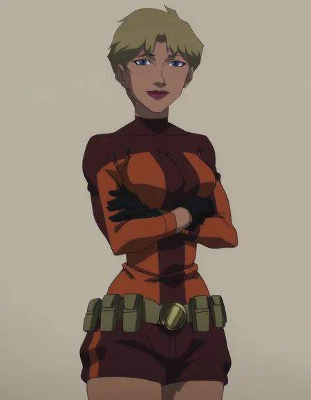 front_view, upperbody, <lora:modern_anime_screencap_v1_0:0.6> anime screencap, (highres, best quality), zPDXL, 1girl,
<lora:t3rra-000038:1> t3rra, 1girl, solo, looking at viewer, gentle smile, closed mouth, posing for photo, crossed arms,
mature female, large breasts, curvy, bodysuit, gloves, utility belt, bare thighs,
<lora:Pony_DetailV2.0:0.5>
megami monthly magazine cover, pinup, white background,