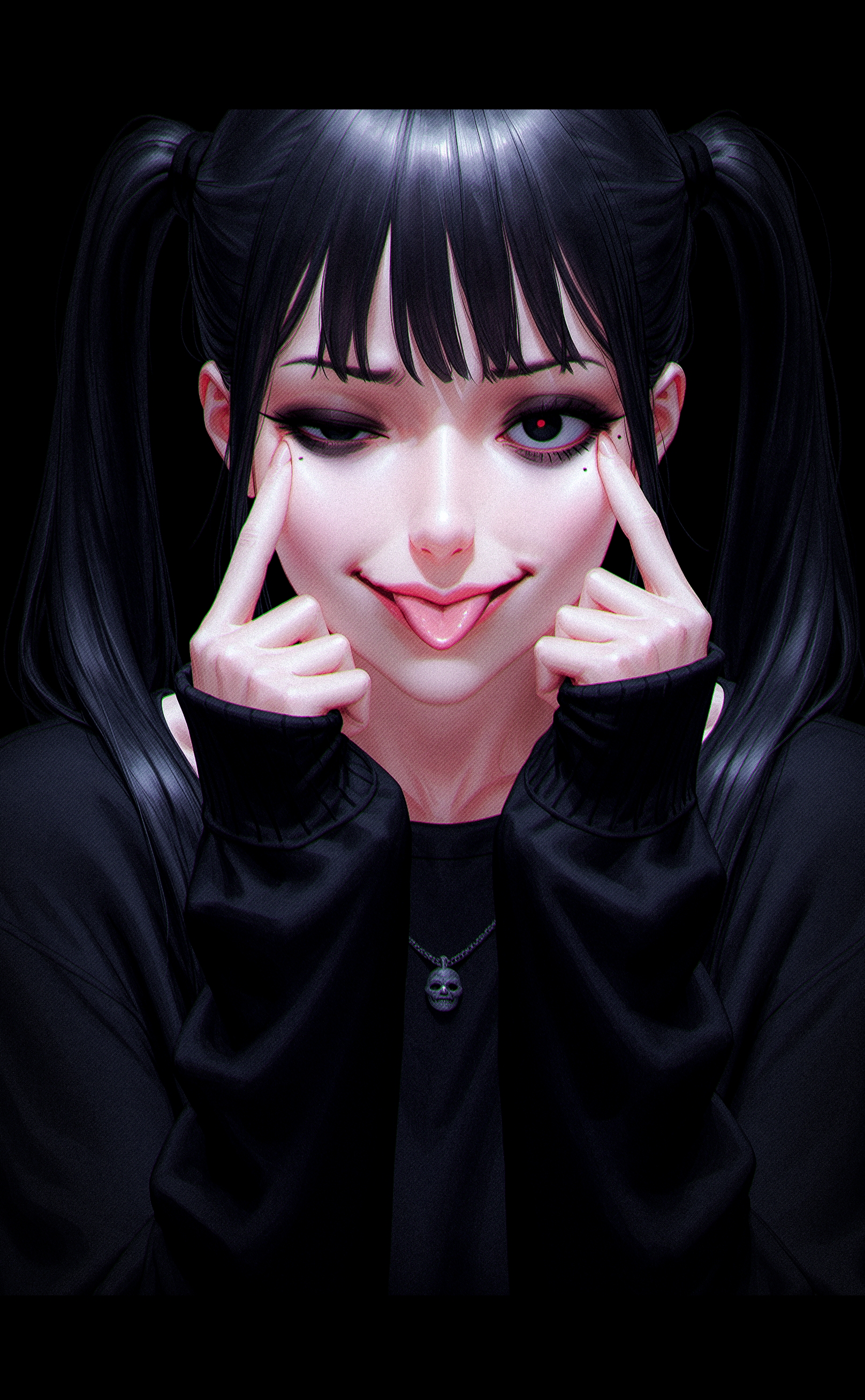 1girl, solo, sangsoo jeong, guweiz, realistic, painterly, high contrast, goth, black eyeshadow, bags under eyes,  akanbe, eyelid pull, uneven eyes, constricted pupil, red eye,  half-closed eye, unusually open eye, smirk, aged up, 
black background, black eyes, black hair, black shirt, close-up, jewelry, long hair, long sleeves, looking at viewer, mole, mole under eye, shirt, sidelocks, simple background, sleeves past wrists, tongue, tongue out, twintails,
<lora:nhl-002-nai:0.7> nhl-002, 
very aesthetic, amazing quality, best quality, masterpiece,