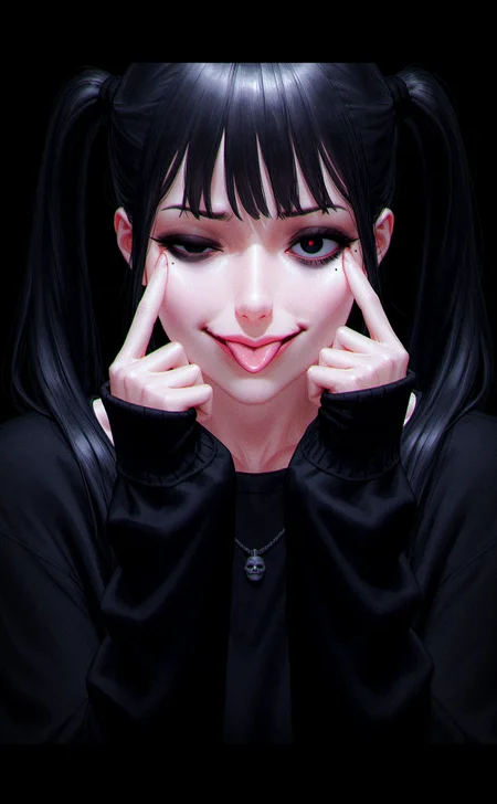 1girl, solo, sangsoo jeong, guweiz, realistic, painterly, high contrast, goth, black eyeshadow, bags under eyes, akanbe, eyelid pull, uneven eyes, constricted pupil, red eye, half-closed eye, unusually open eye, smirk, aged up,
black background, black eyes, black hair, black shirt, close-up, jewelry, long hair, long sleeves, looking at viewer, mole, mole under eye, shirt, sidelocks, simple background, sleeves past wrists, tongue, tongue out, twintails,
<lora:nhl-002-nai:0.7> nhl-002,
very aesthetic, amazing quality, best quality, masterpiece,