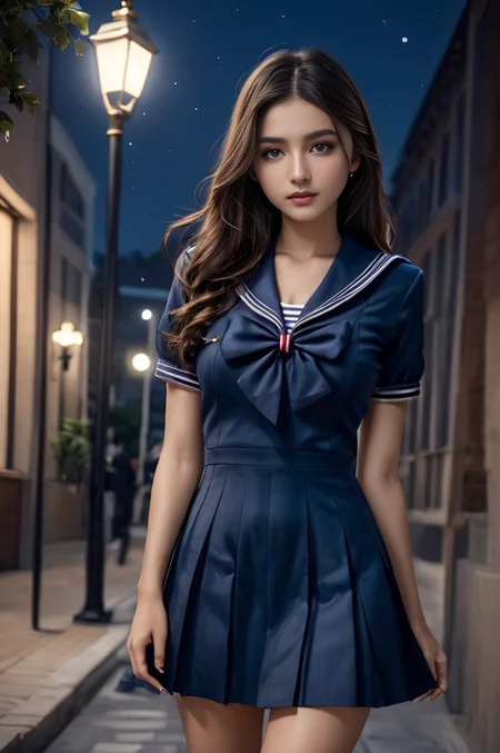 <lora:SH_ModelV2:0.8>, (night:1.5), street, (skinny legs:1.1), ultra realistic,32k, (masterpiece:1.2), (high detailed skin:1.1), 8k uhd, dslr, high quality, long hair, school uniform, sailor dress, blue dress,