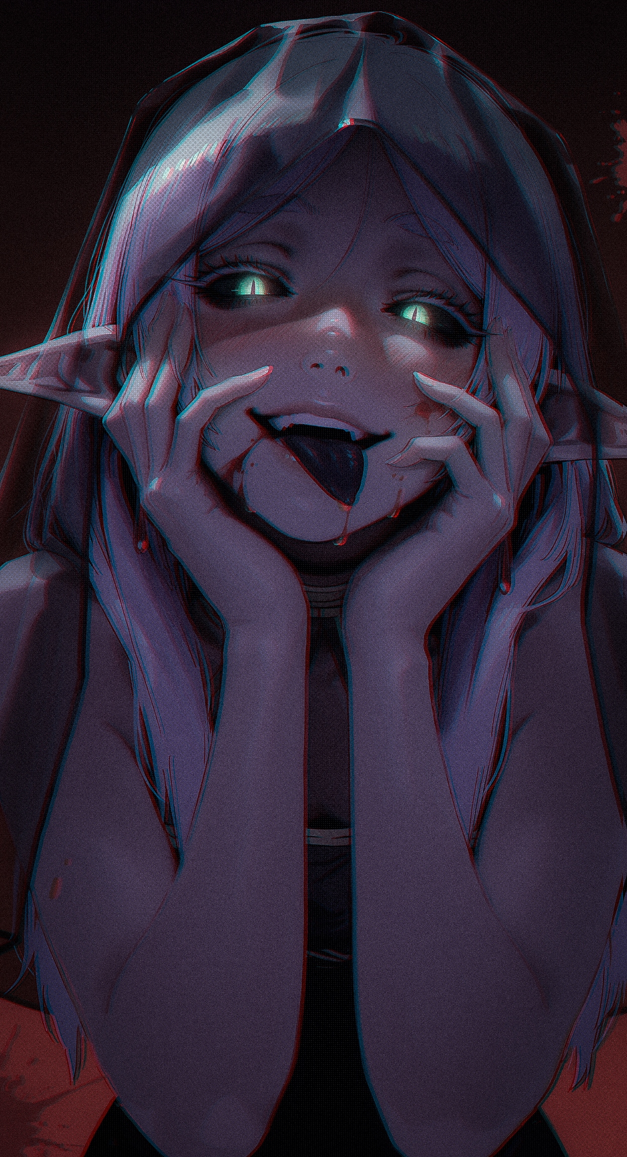 (by 
j.k.
:1.3), 
realistic, nose, lips, 1girl, solo, frieren, pointy ears, elf, portrait, upper body, looking at viewer,  (head tilt:1.2),  smug,  nose blush, yandere, dark theme, glowing eyes,  thick eyelashes,   long black tongue, hands on own face,  (leaning forward:1.3), (from below:1.2), gesugao, slit pupils, (black sclera:1.2), green eyes, black veil, transparent veil, (blood splatter, blood theme, blood on face, covered in blood:1.2), 
masterpiece, best quality, amazing quality, very aesthetic,
<lora:nhl-004:0.85>  nhl-004,
<lora:nhl-003:0.5> nhl-003, 
<lora:nhl-002-nai:0.5> nhl-002,
