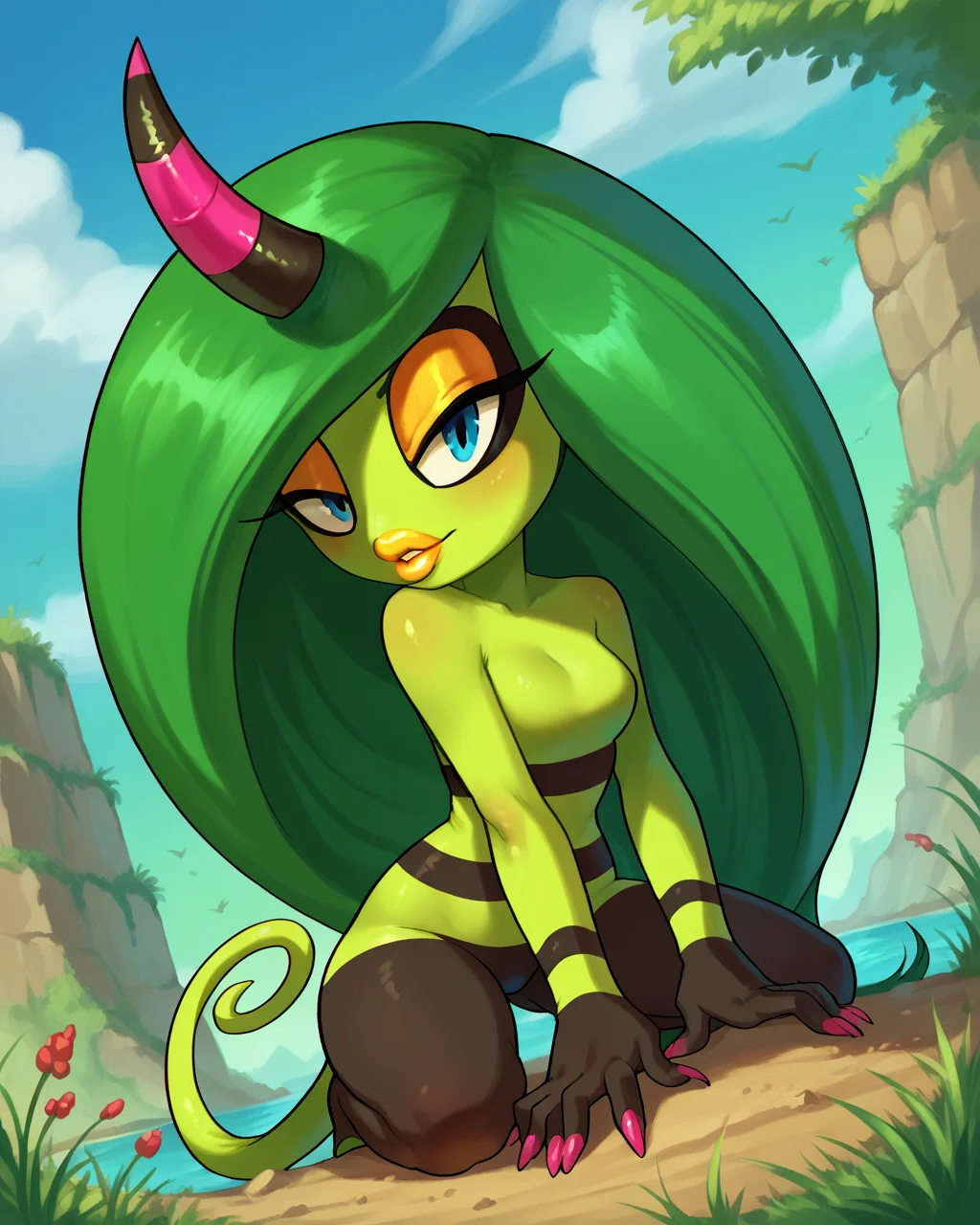 score_9, score_8_up, score_7_up, solo, 1girl, Zeena, horn, long hair, green skin, green hair, blue eyes, yellow lips, makeup, tail, BREAK, dynamic angle, detailed background, outdoors, by fiinel, <lora:Zeena_-_Sonic_Lost_World_Character_PonyDiffusionXL:1>, <lora:FiinelSDXL:1>