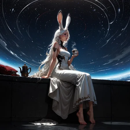 score_9, score_8_up, score_7_up, score_6_up, score_5_up, score_4_up, rating_questionable, 20yo girl, 1girl, viera, solo, tall, white dress, red trim, a woman with white hair, Brom, beautifully backlit, fantasy art, dark skin, long hair, rabbit ears, white hair, space traveler, galactic, otherworldly, ethereal, atmospheric, galaxy, sweat, full body, romantic, sitting, drinking coffee, feet, toes, side view, view from below, head turned away