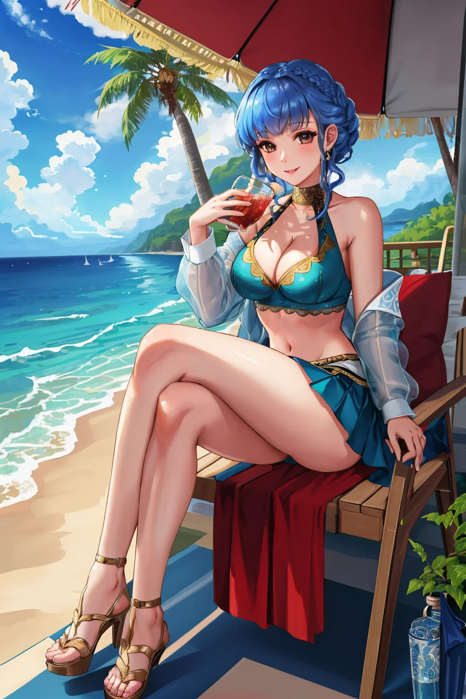 masterpiece, beach, 1girl, sitting, legs crossed, reclining, drink, solo, looking at viewer, smile, <lora:MarianneFE3H-FEH:0.85> sumMarianne, bikini, cleavage, braid, skirt, midriff, bare shoulders, off shoulder, blunt bangs, high heels