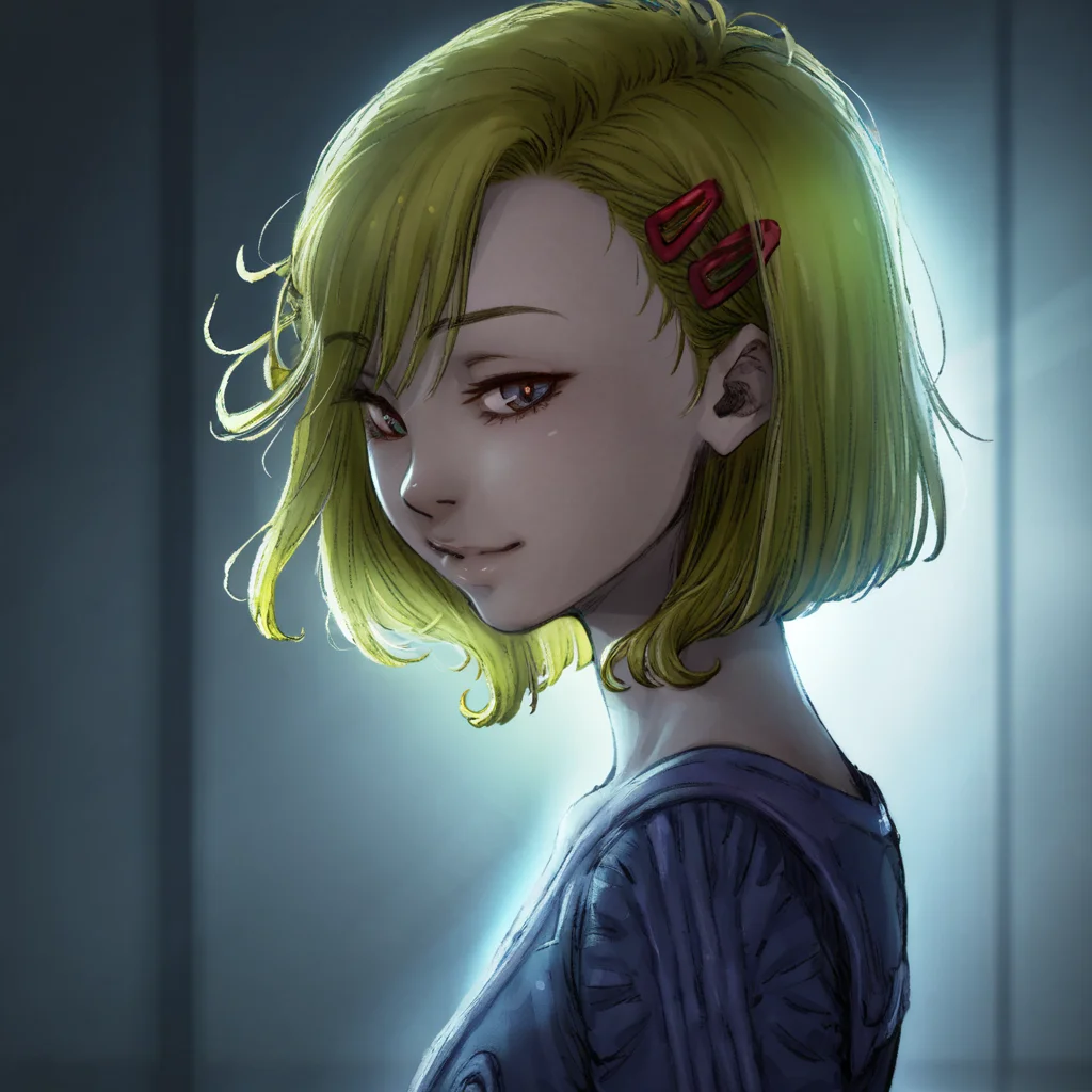 best quality, masterpiece, cinematic light, netsu, blonde hair, short hair, hair ornament, night, low light, side view, looking at viewer, light smile, bi-sexual