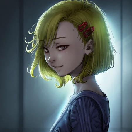 best quality, masterpiece, cinematic light, netsu, blonde hair, short hair, hair ornament, night, low light, side view, looking at viewer, light smile, bi-sexual