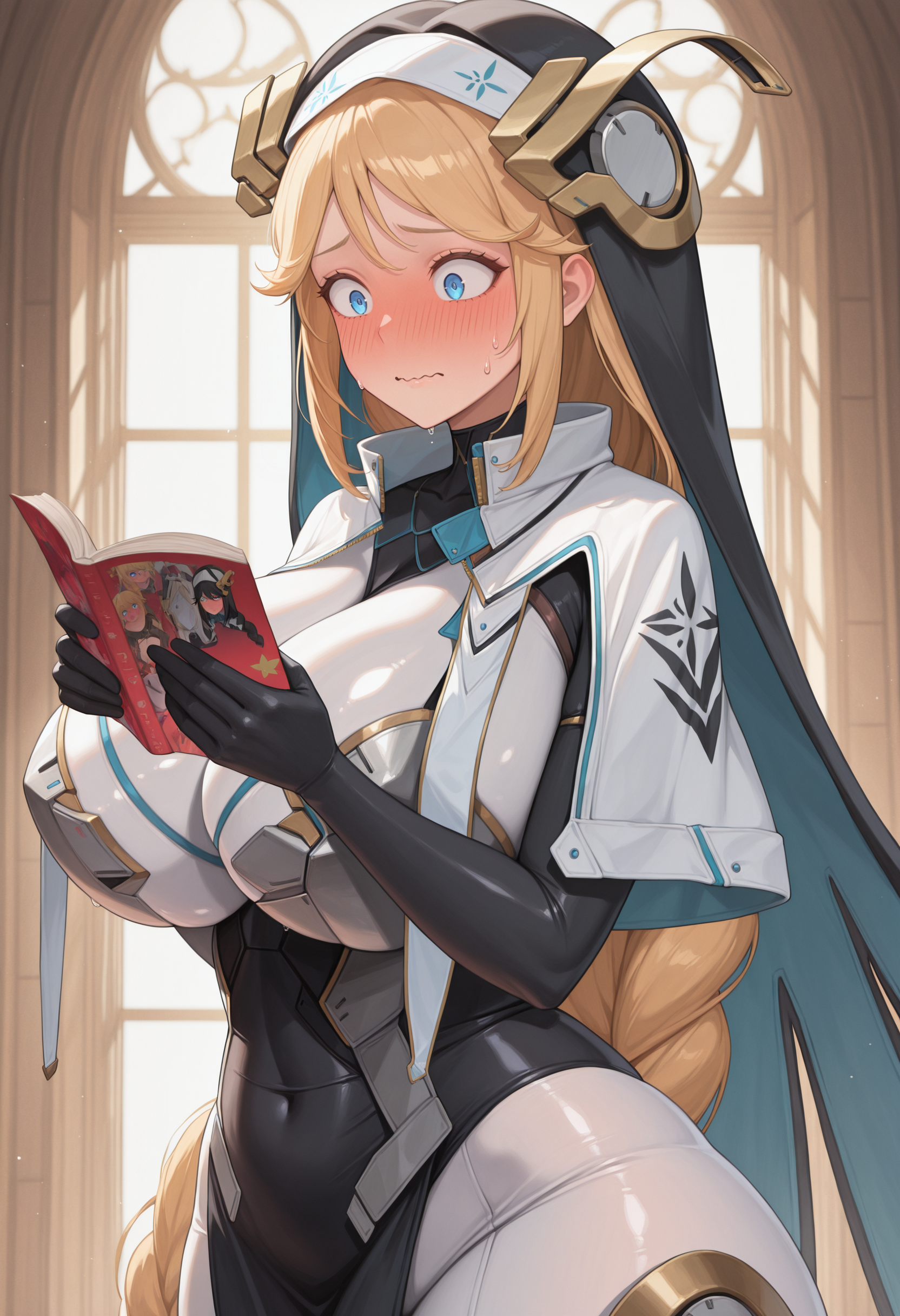 masterpiece, best quality, absurdres, highres, newest, 1girl, solo, <lora:rapunzel-nikke-richy-v1_ixl:1> rpnzldef, blue eyes, blonde hair, very long hair, braid, bangs, habit, huge breasts, nun, black veil, headgear, white capelet, bodysuit, black gloves, black dress, white pants, standing, holding book, manga \(object\), wide hips, from side, reading, full-face blush, shy, embarrassed, sweat, sweatdrop, wide-eyed, closed mouth, wavy mouth,