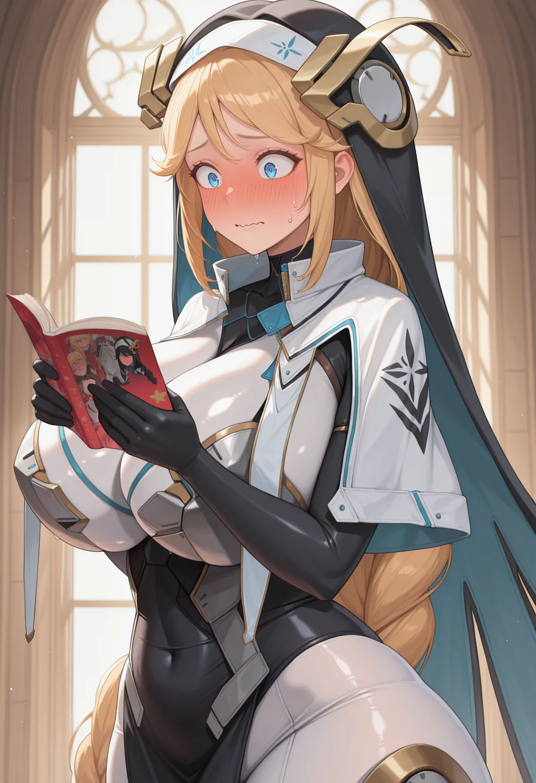 masterpiece, best quality, absurdres, highres, newest, 1girl, solo, <lora:rapunzel-nikke-richy-v1_ixl:1> rpnzldef, blue eyes, blonde hair, very long hair, braid, bangs, habit, huge breasts, nun, black veil, headgear, white capelet, bodysuit, black gloves, black dress, white pants, standing, holding book, manga \(object\), wide hips, from side, reading, full-face blush, shy, embarrassed, sweat, sweatdrop, wide-eyed, closed mouth, wavy mouth,