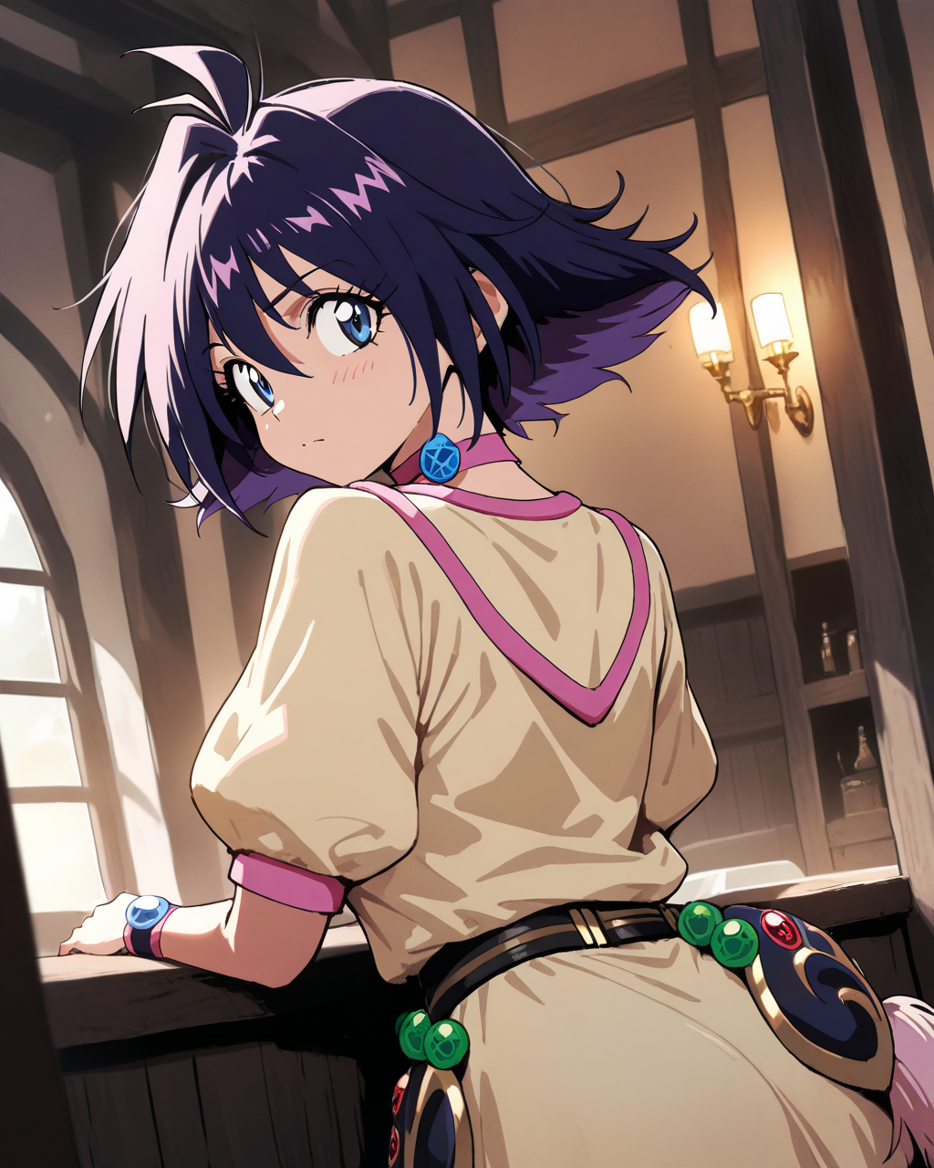 1girl,
AmeliaSlayers,
safe, solo, dutch angle, from behind,
looking at viewer,
pink choker, pentacle, 
looking away,
indoors, medieval, hotel, counter, 
depth of field,
<lora:kp_AmeliaSlayersAnimagineXL_v1_0:1.0>
masterpiece, high score, great score, absurdres