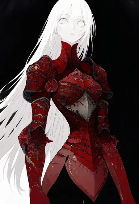 solo, looking at viewer, white eyes, plain black background, 1woman, solo, long white hair, pale white skin, red armor, masterpiece,best quality,very aesthetic,absurdres
 <lora:monfornoob:0.95>