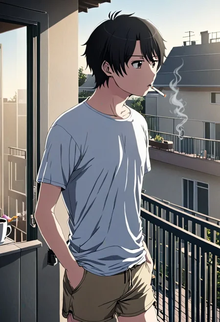 high resolution, solo, best quality, 1Boy, Inaho Kaizuka, Black Hair, home balcony, morning, cigarette, coffee, t-shirt, shorts, looking away, OverallDetail