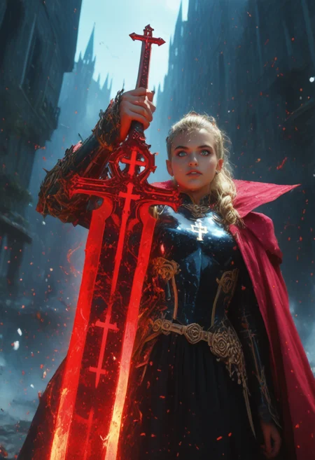 realistic, 8k, masterpiece, upper body shot, giant crucifix sword focus, combat pose, ((dynamic pose)), Evil rococo woman, wearing a golden and white Regency dress, long blond dove ponytail, (wielding a giant crucifix sword), (the giant crucifix sword as blue and golden mystical holy energy), rococo style, long blond pony tail, hyper stylize, trending on art station , hkstyle, diagonal shot, background particle glass destruction spiral all around, .Break., sureal impossible background(Kux lumino, Hypercadavericomnihuman,),(Suprarcadilicious),mark,film grain, midnight, high definition, superimposition, unreal, abstract, stuff of dream, light creature, impossible structure, blur, impossible geometry, film grain, , solarpunk dreamscape, best quality masterpiece, dynamic angle,phantasmagorical,psychodronojodonoster, moonkey, Anoncondability, Omnipowerfulimpertinent elemental, CyberSpelunking , ((heaven)), primordial, masterpiece, best quality, highres, HDR, ultra-detailed, extremely detailed CG unity 8k wallpaper, perfect artwork, <lora:PonyFantasyKnightsV4:1>