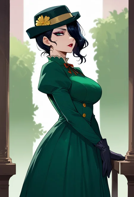 score_9,score_8_up,score_7_up, 1girl, large breast, mayonesh, hat, black hair, medium hair, hair over one eye, makeup, lipstick, green dress, puffy sleeves, black gloves, thigh gap, thighs, anime, looking at viewer, Long Skirt, thin lips, side view,