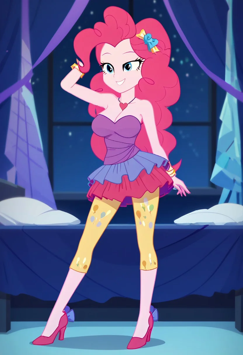 (High Resolution), (More Details), (8K), (High Resolution), Score_7, Score_8_up, Score_9_up, Volumetric lighting, Intricate, Pinkie pie, equestria girls, 1 girl, Bracelets, skirt, skirt rah rah Purple sleeveless dress, off the shoulder, Strapless, yellow capris tights with colored spots, high heels, Full body, Sexy and sensual model body, pose, seductive and flirtatious look, beautiful, attractive, Mature body, big breasts, Heart necklace, Very mature body, Very toned whole body, Super sexy and sensual, very sensual and sexy, Erotic and sensual poses, Erotic, Modeling in a hotel, next to a bed, at night