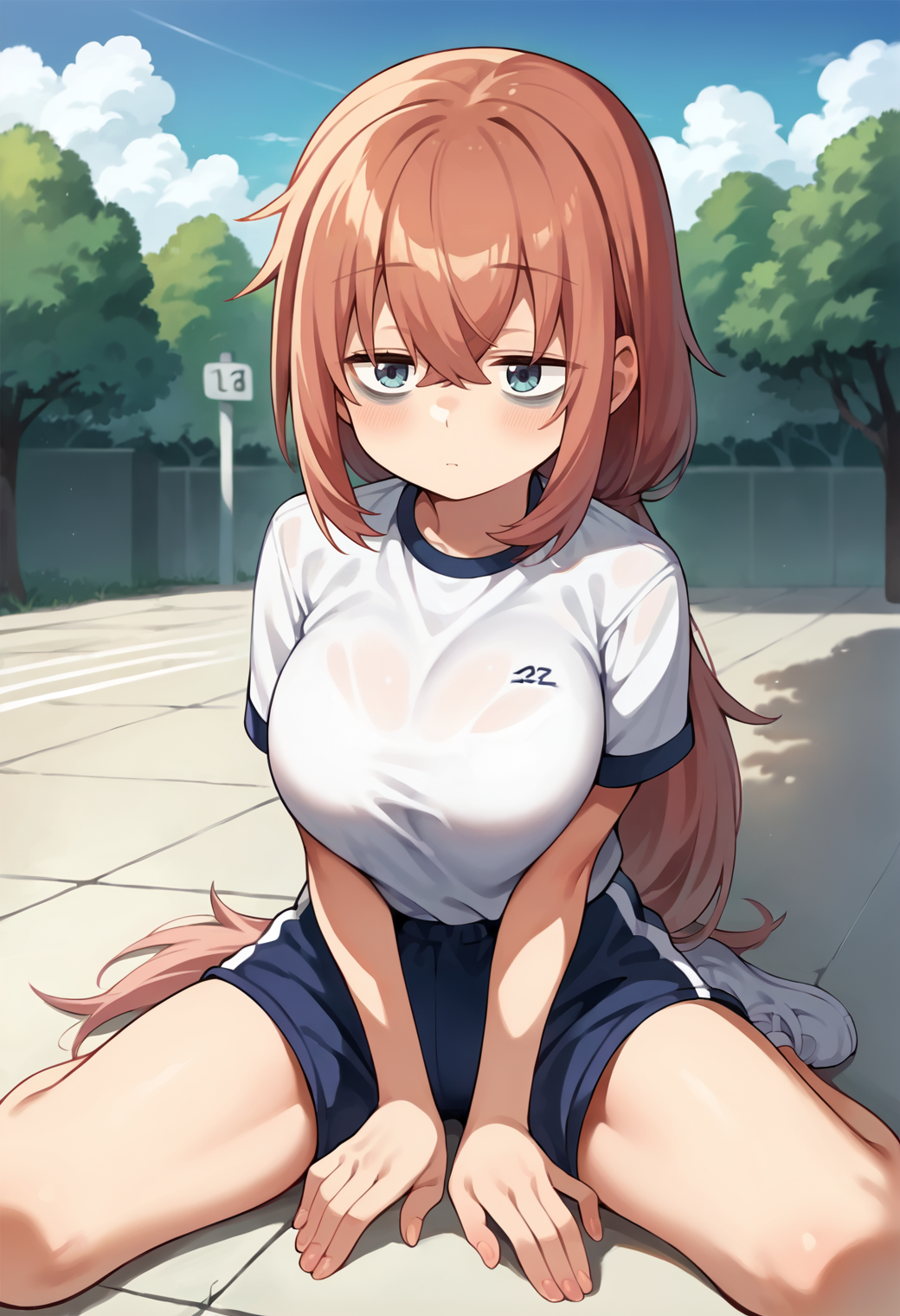 score_9, score_7_up, hd, (ultra hd quality details), source_anime, outdoors, blue sky, tree shade, 
solo, 1girl, mmkomaro, long hair, low ponytail, large breasts, bags under eyes,
gym uniform, gym shirt, gym shorts,
blush, expressionless,
sitting, on floor,
<lora:_komaro_michinoki-elesico-ponyA:1>