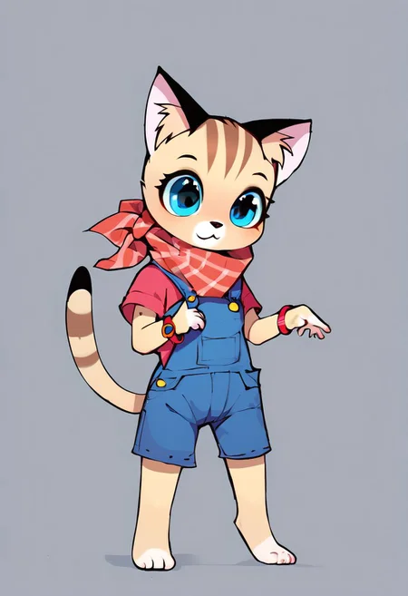 zPDXL, score_9, score_8_up, score_7_up, BREAK, full body, PixiePXL, solo, simple background, transparent background, full body, standing, furry female, animal ears, furry, tail, cat ears,cat girl, body fur,animal nose, blue eyes, bandana, red bandana, neck bandana, bracelet, shorts, overalls, shirt, short sleeves,