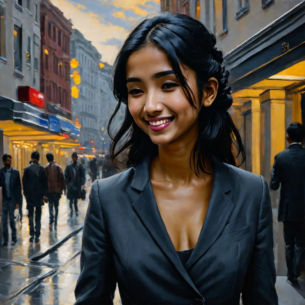 <lora:SDXL_MassiveCowsLoRA_v2E2:1> , (((classical oil painting))), ((Candid))), (((side view of short cute pretty modern Bengali girl provocatively begging bystanders for money outside a hotel in crowded street))), (bending), holding hand out, (embarrassed smile), ((dimples)), ((short black hair)), (snub-nose), spine, ass, (dramatic late-afternoon sky), Intricate textures, (high detailed skin:1.7),