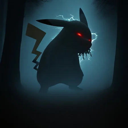 masterpiece, best quality, (CR33P1NGF0G, fog), (no humans), 1 pokemon, (Pikachu), pikachu from pokemon, pokemon_(creature), (electricity), (tail), face hidden, partially obscured, red eyes, glowing eyes, (foggy), (haze), eerie, creepy, ominous, fog, dark, night, haze, no_humans, scenery, forest, detailed background,