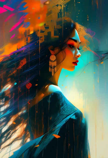 score_9, score_8_up, score_8_up, ((Cinematic composition)),((masterpiece)), (resplendent highlighting), 8k.
1girl, (full body, facing camera, from low to the ground). An achingly stunning Lebanese Chinese girl, she’s dressed and made up like a vampire for Halloween. jade and black, and gold highlights, ((full body)) long naturally wavy black hair caught up by the wind. (resplendent highlighting of her face). Charcoal and colourful oil pastels. impressionistic bidimensional.
faded watercolours (Klimt :1.2) dadaistic collage (by Bill Sienkiewicz:1.5), strikingly alluring face. brilliant spotlight effect. A splash of paint explodes by her feet. Vibrant thick dripping paint. Intense detail, realistic, dynamic shadows and contrasts.
surreal, intense colors, liquid, unreal parts, alluring, fluid, perfection, gothic. (Luminous skin dynamically highlighted), Illustration, (klimt:0.8) (Bill Sienkiewicz:1.5). maximum detail, Chinese watercolor and ink technique. Gold leaf highlights.
<lora:xl_more_art-full_v1:0.4> <lora:epi_noiseoffset2:1>3