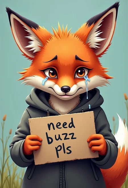 A very sad crying foxgirl holding a sign that says "need buzz pls"