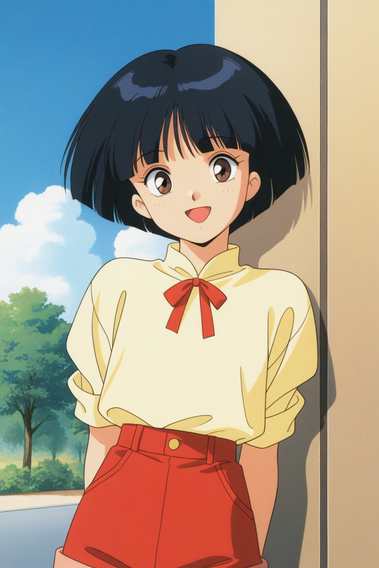 masterpiece, best quality, source_anime,official art,perfect_anatomy,1990s_\(style\),retro_artstyle, 1girl,,Natsumi_Mizuki,black_hair,short_hair,blunt_bangs,yellow_shirt,red_ribbon,red_shorts,(beautiful detailed face,looking_at_viewer,smile,open mouth),day,,blue_sky,cloud