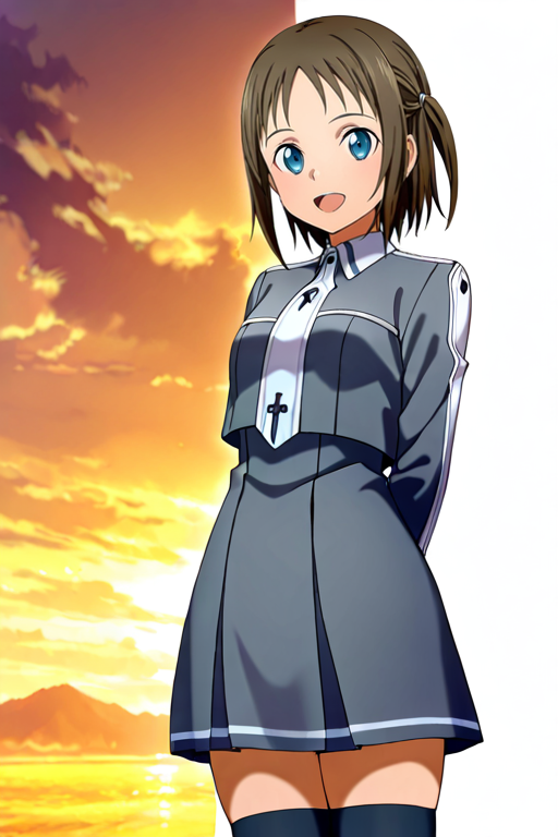 masterpiece, High quality, Ultra detailed, 2d, newest, absurdres, highres, BREAK
1girl, solo, <lora:ronye_arabel:0.8>, ronye_arabel_(sword_art_online), short hair, brown hair, two side up, blue eyes, 
ronyeDef, long sleeves, school uniform, grey jacket, necktie, grey skirt, pleated skirt, zettai ryouiki, black thighhighs, 
looking at viewer, smile, open mouth, from behind,