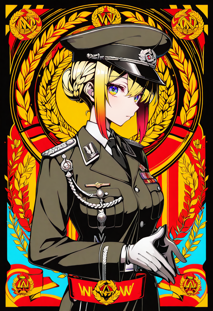 masterpiece, best quality, Graphic Design, color art, vibrant colors, colorful, intricate details, high contrast, detailed background, beautiful detailed, beautiful face, detailed eyes, detailed face, new, newest, 1girl, solo, nv4, hat, uniform, military uniform, gloves, military, military hat, medal, peaked cap, necktie, aiguillette,
